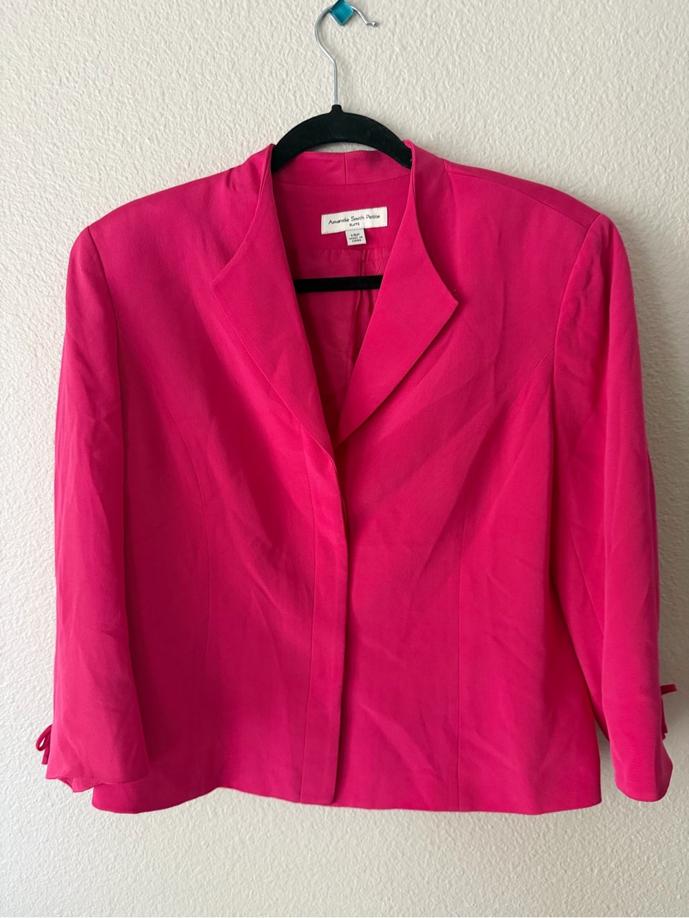 Amanda Smith Bright Pink 100% Silk Tailored Cropped Blazer Jacket Bow Sleeve 14P